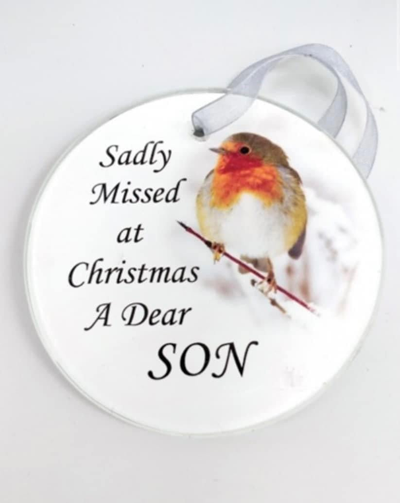 Son Christmas Robin Glass Memorial Bauble