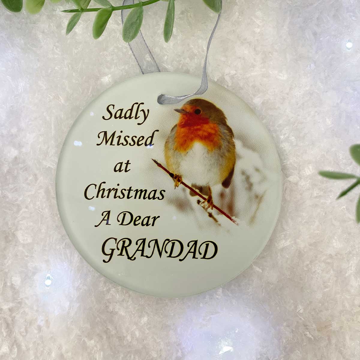 Grandad Christmas Robin Glass Memorial Bauble