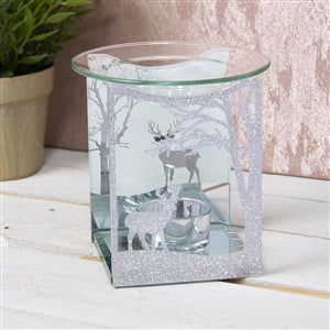Silver Glitter Reindeer Glass Wax Melter / Oil Burner 12cm